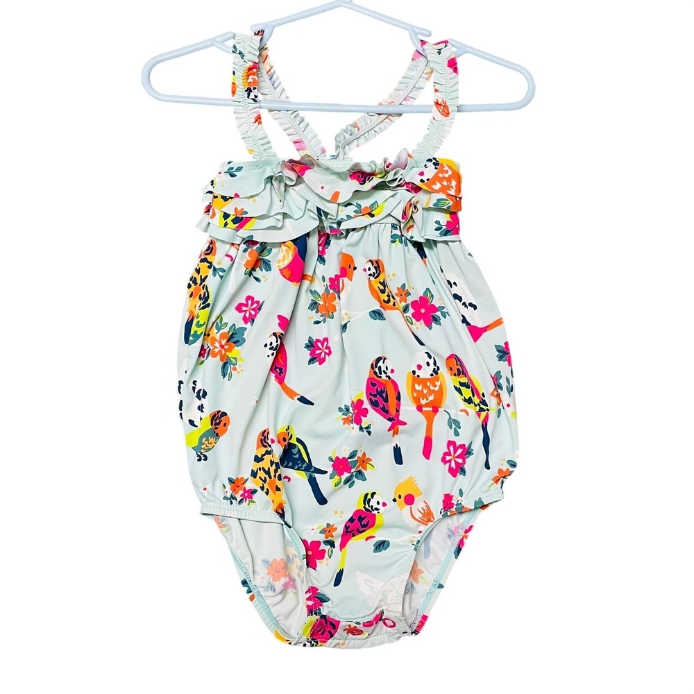 NWOT $40 Hatley Swimsuit Blue Tropical Bird Floral Ruffle Girls 18-24m Summer